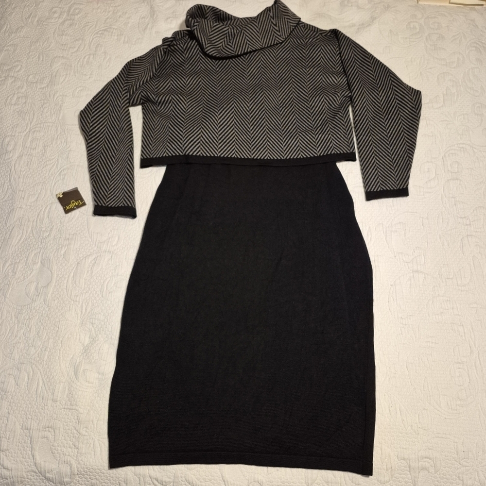 Taylor women's size Large long sleeve black and gray knit dress style #6697M NWT